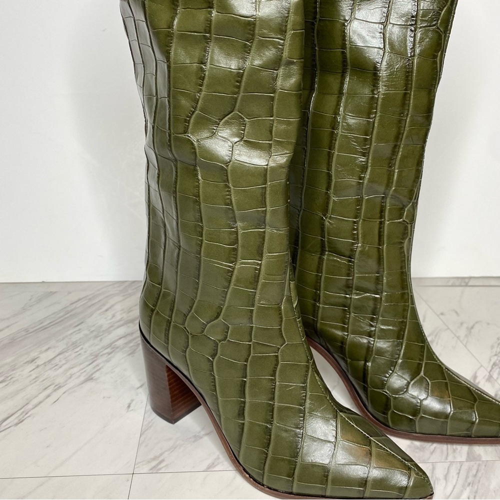 Schutz Maryana Green Crocodile Embossed Tall Block Heel Boot 5B - Picture 12 of 16